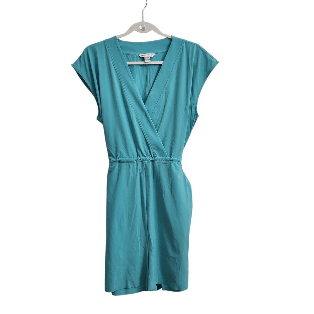 Athleta Marlow Romper Medium Gulf Blue Green Stretch Outdoor Pockets V-Neck Tie
